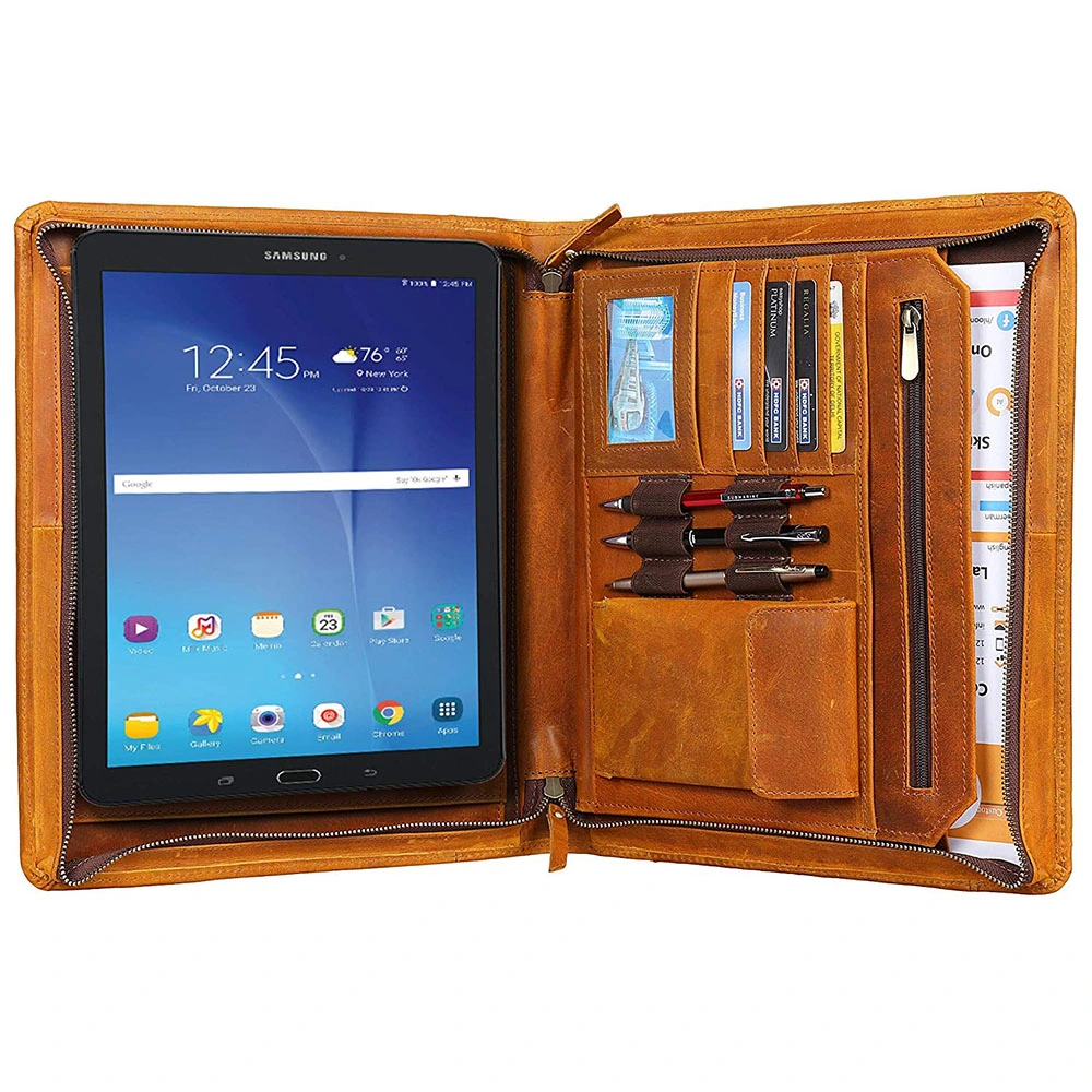 Top Quality Genuine Leather A4 Cute Padfolio Art Portfolio Case with Tablet PC Holder